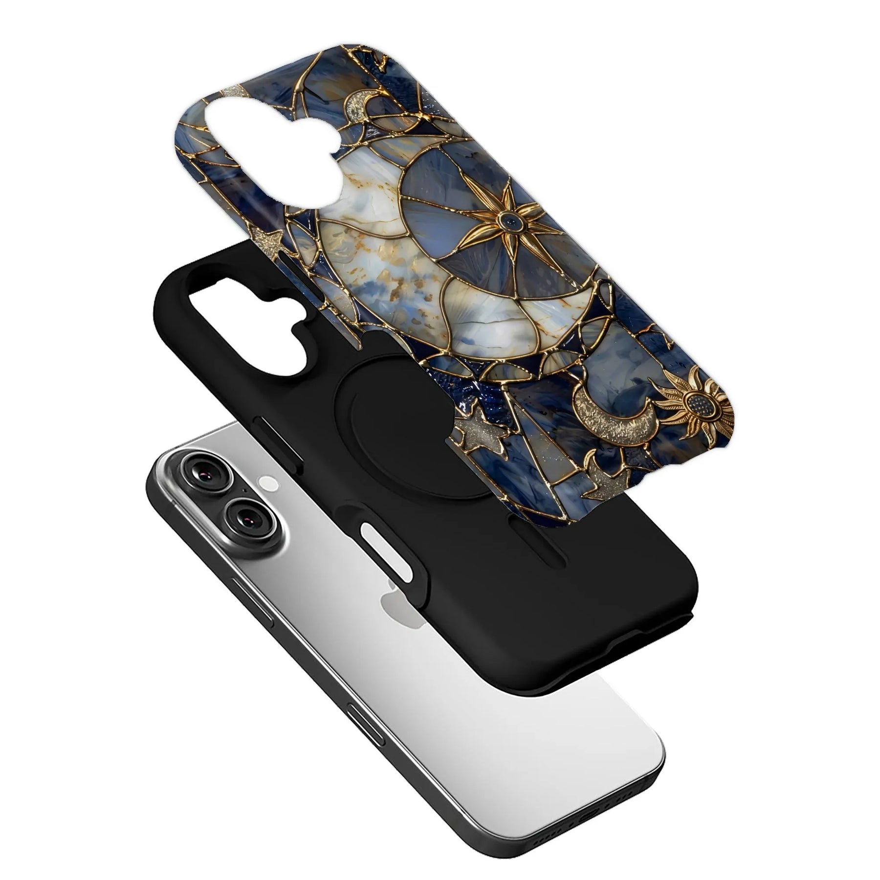 Exploded angled black phone case with blue and gold celestial patterned back