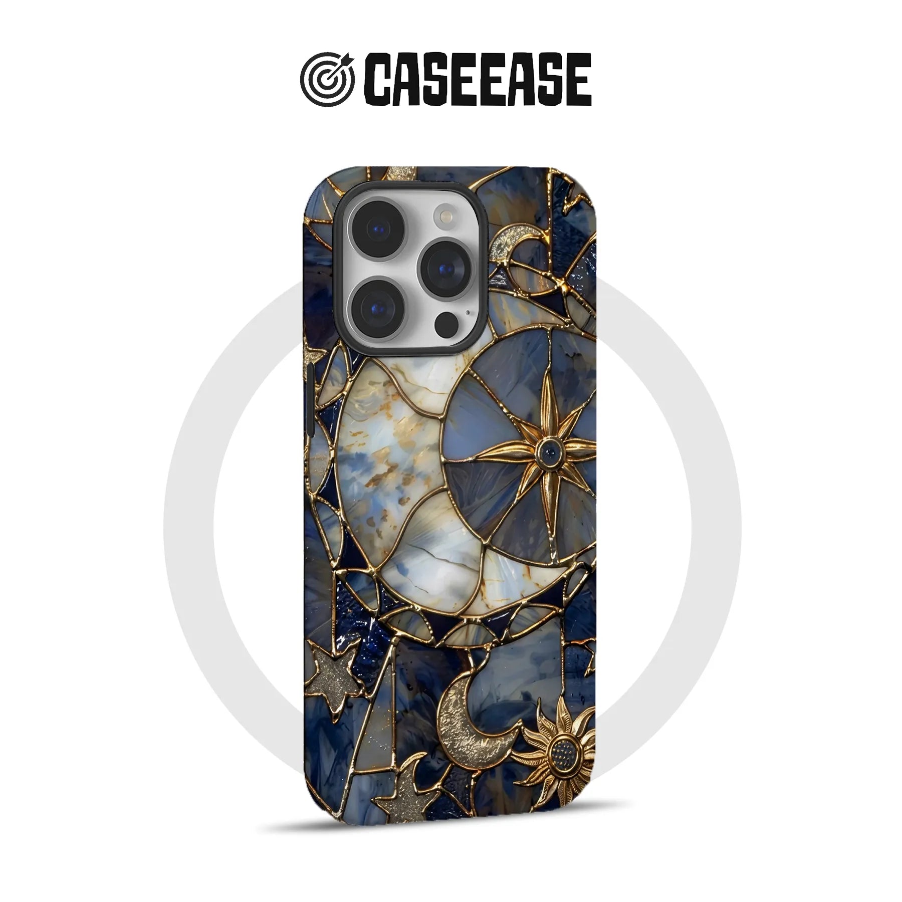 Blue and gold celestial phone case shown from rear with camera cutout