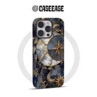 Blue and gold celestial phone case shown from rear with camera cutout