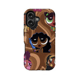Brown cartoon character phone case, rear view with black dual camera cutout