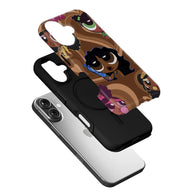 Brown cartoon patterned phone case with black shell shown in angled exploded view