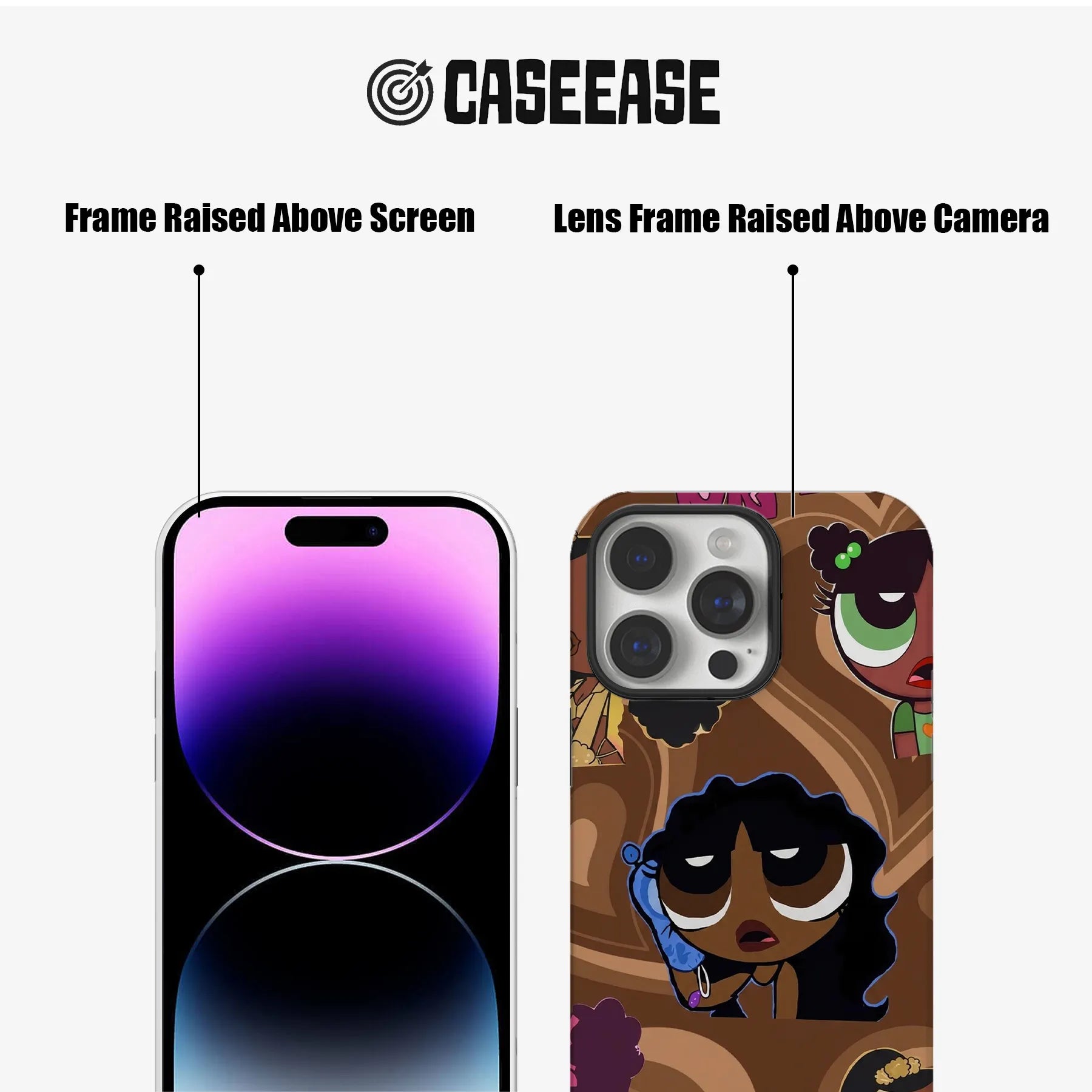 CASEEASE brown cartoon phone case, front and back angles showing raised screen and camera frames
