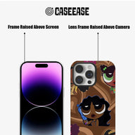 CASEEASE brown cartoon phone case, front and back angles showing raised screen and camera frames