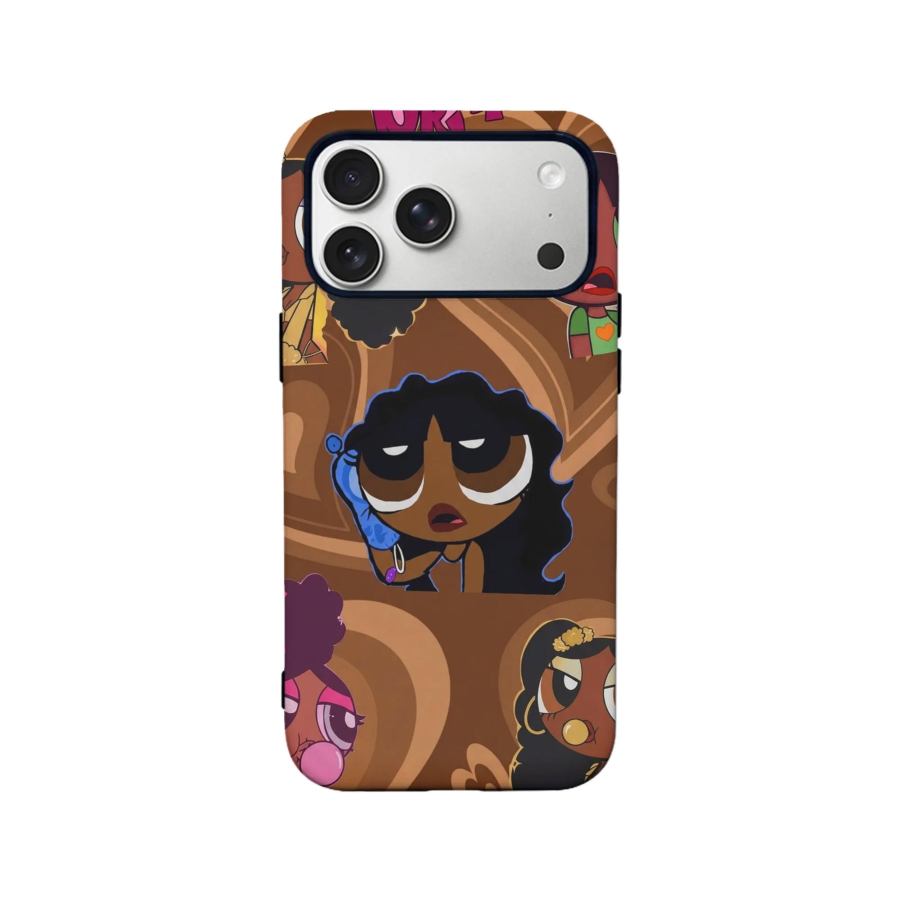 Brown cartoon character phone case shown from back with camera cutout
