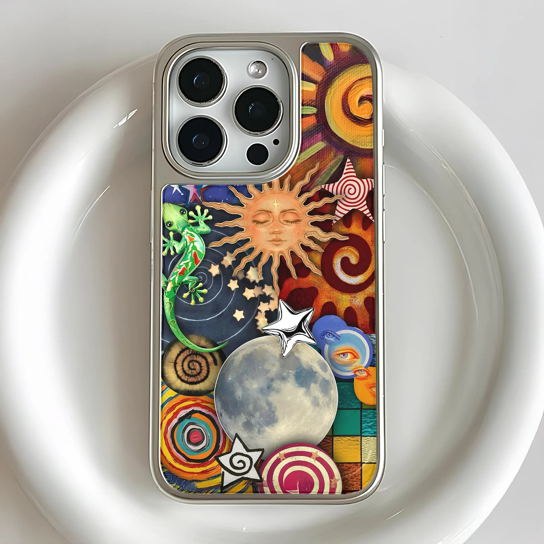 Funda holográfica cromada para teléfono: diseño celestial con colores vibrantes
