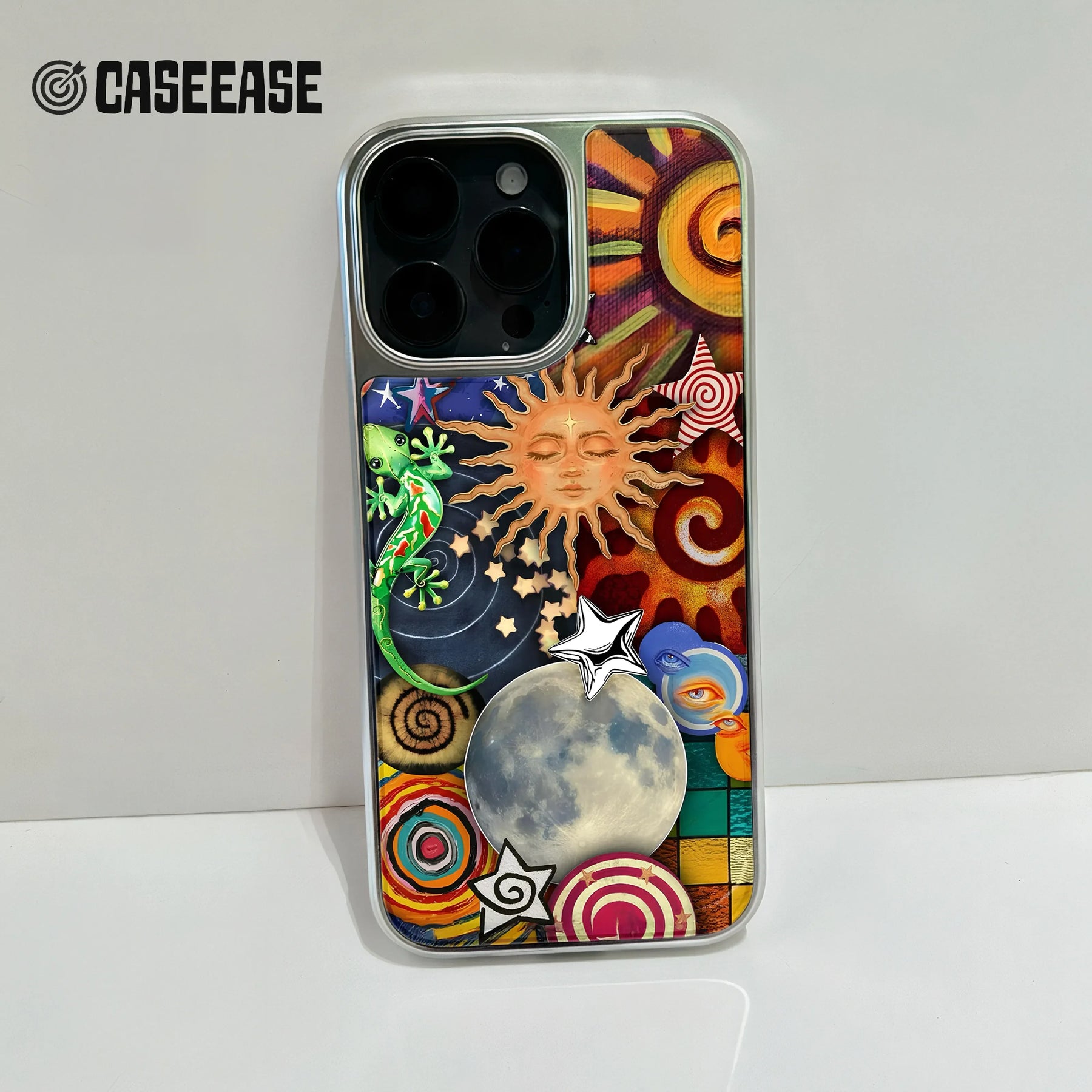 Funda holográfica cromada para teléfono: diseño celestial con colores vibrantes