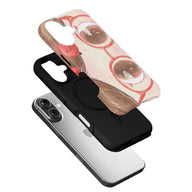 Beige illustrated phone case with red sunglasses design shown angled above black shell