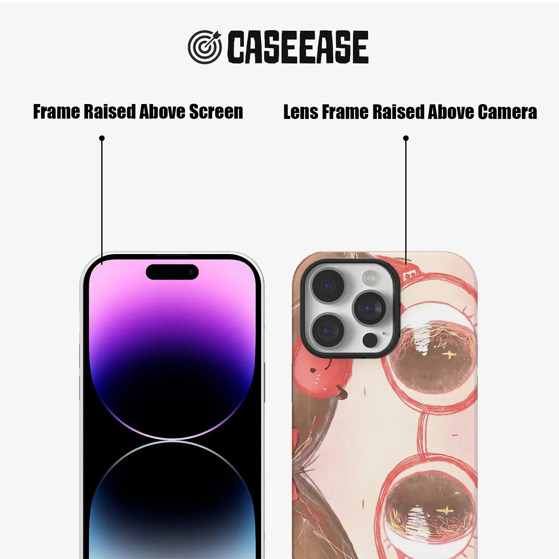 CASEEASE clear illustrated phone case front and rear views with raised black frames