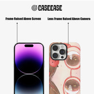 CASEEASE clear illustrated phone case front and rear views with raised black frames