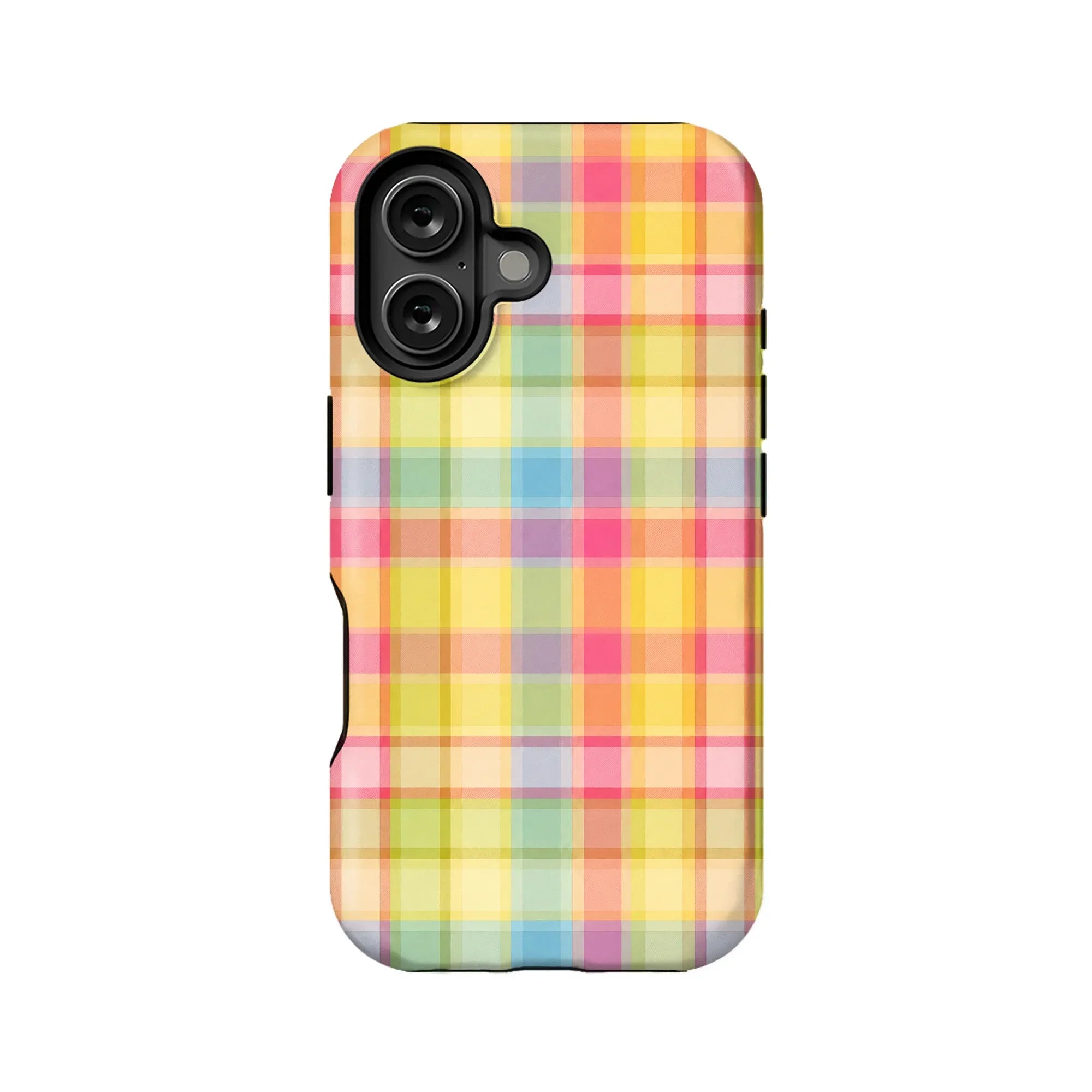 Pastel yellow pink plaid phone case shown from back with black camera cutout