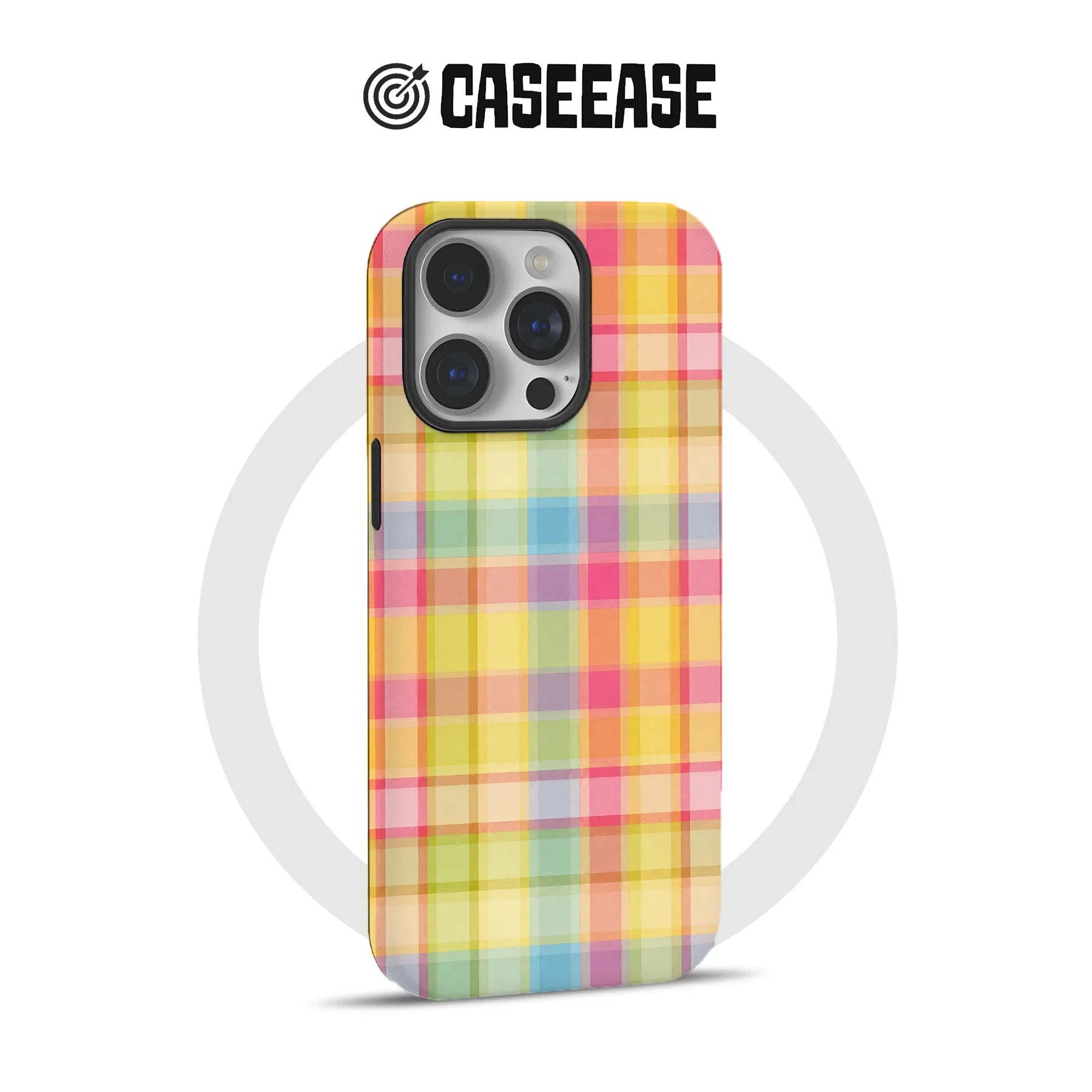 Pastel plaid CASEEASE smartphone case in rear view with camera cutout