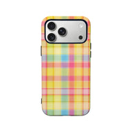Pastel multicolor plaid phone case shown from back with camera cutout