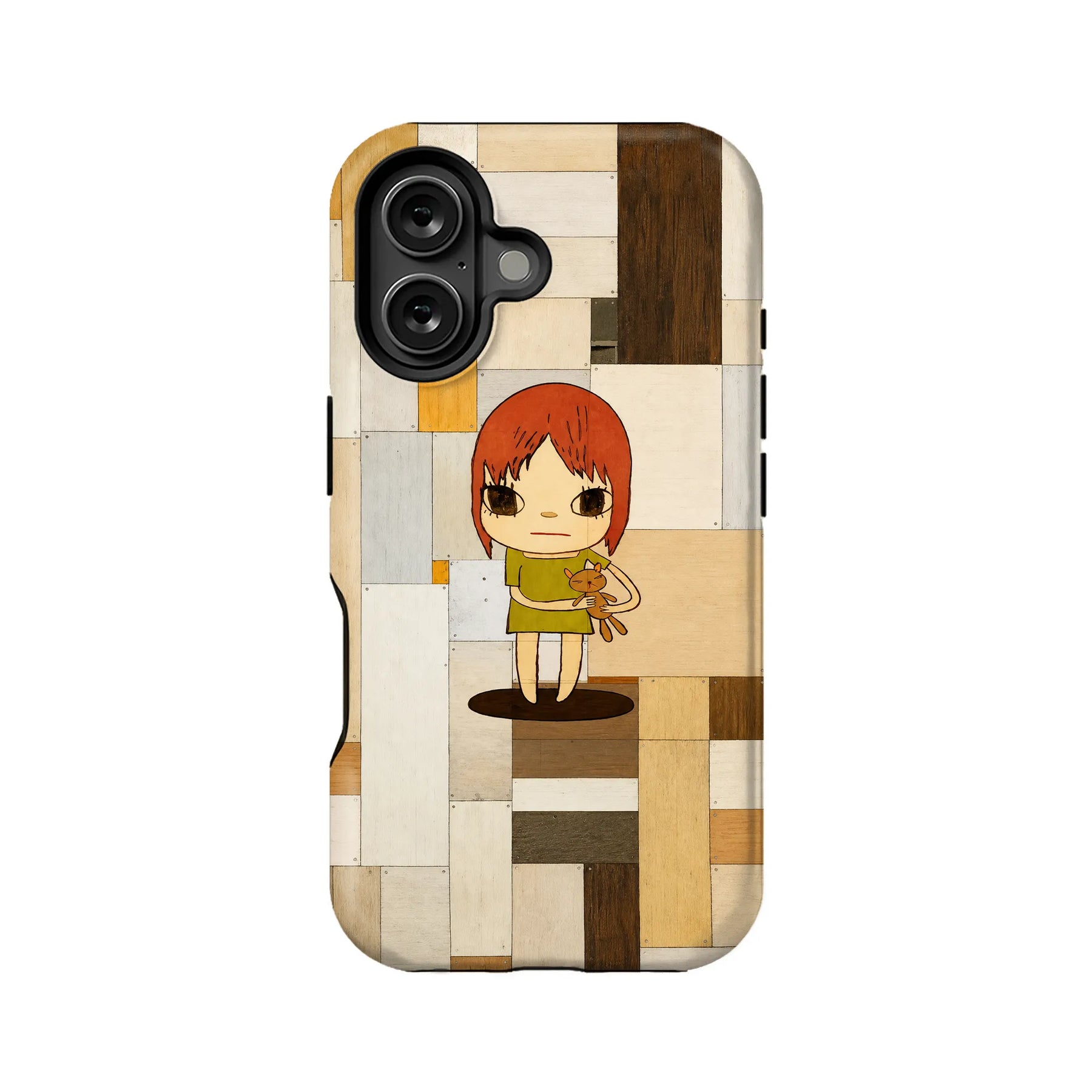 Back view of beige brown patchwork phone case with red-haired cartoon girl