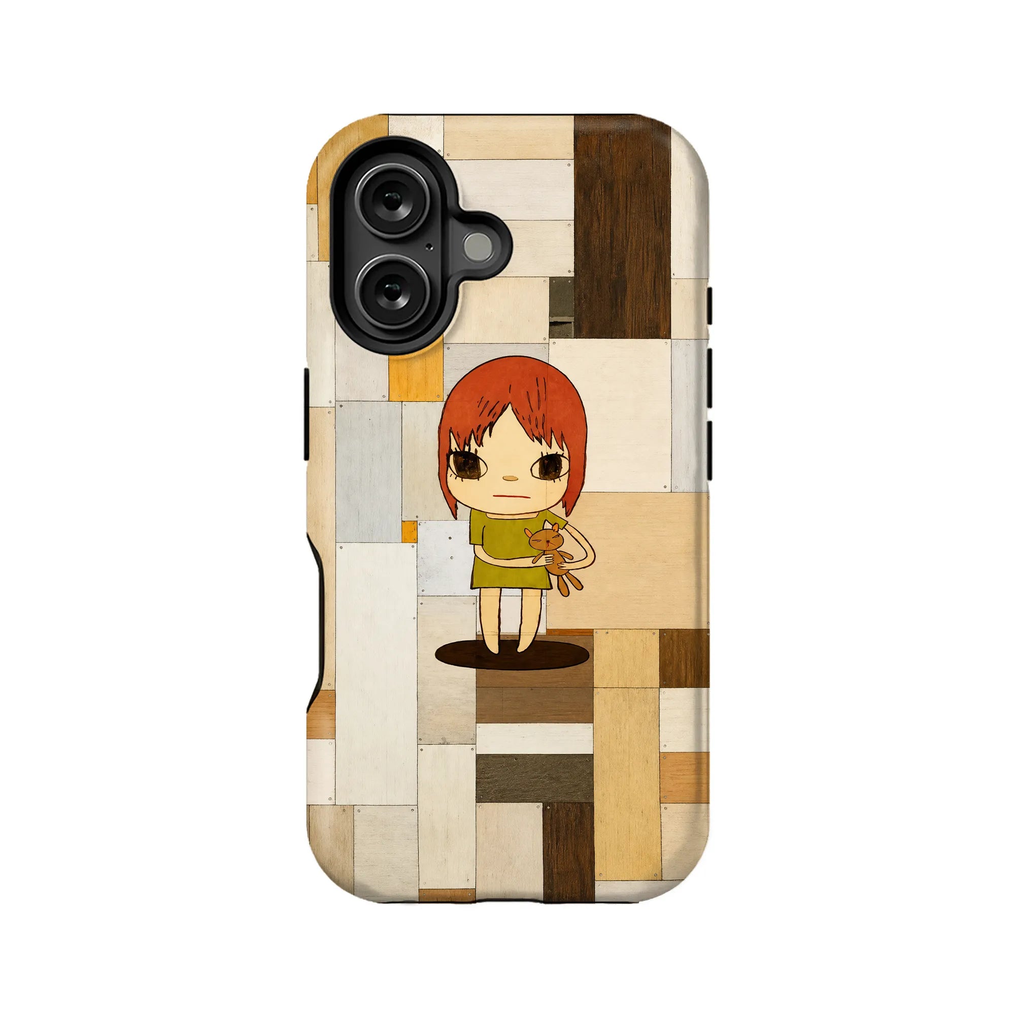 Back view of beige brown patchwork phone case with red-haired cartoon girl