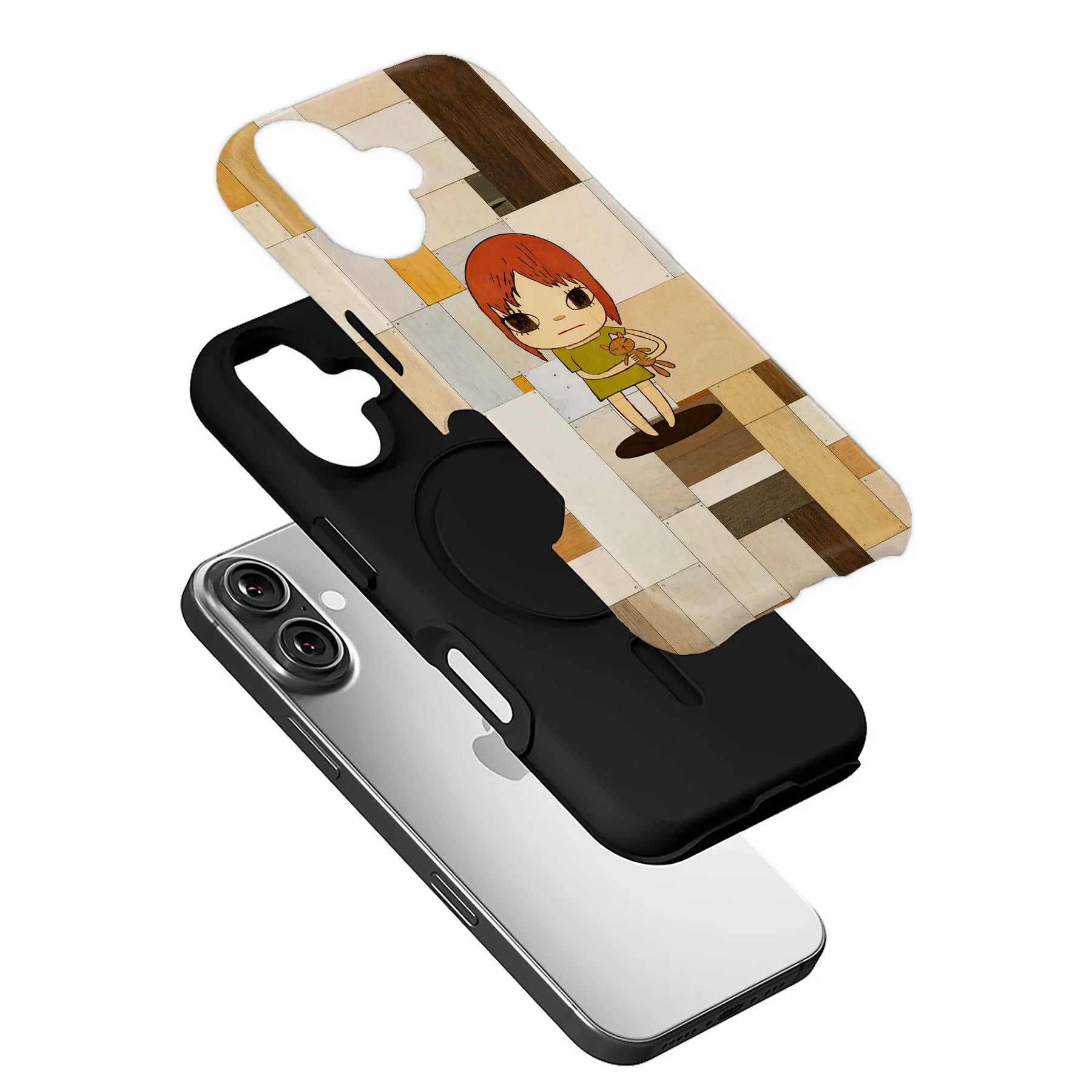 Exploded angled black phone case with beige patchwork cartoon girl cover
