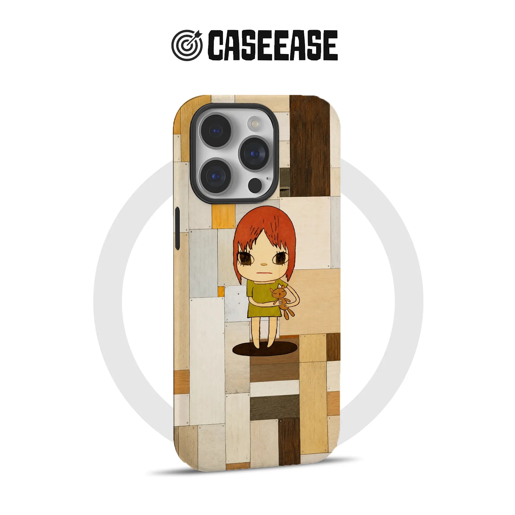CASEEASE beige brown patchwork phone case with red-haired cartoon girl, rear angle