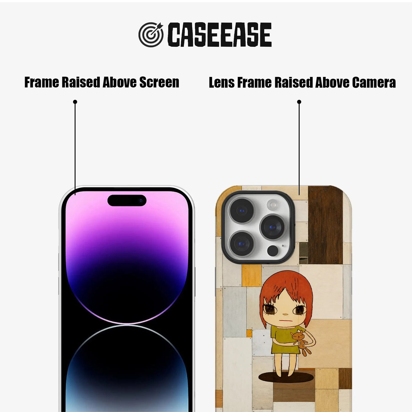 Caseease phone case front and back showing raised black screen and camera frames