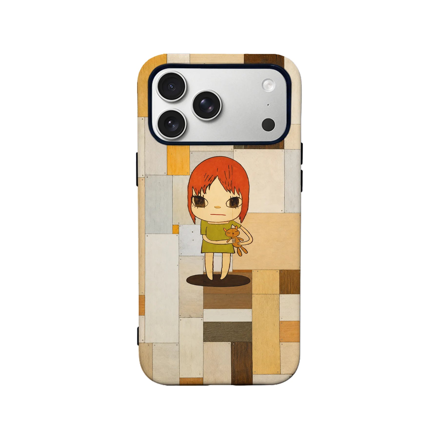 Beige patchwork plastic phone case with red-haired cartoon girl, rear product view