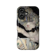Black phone case rear view with white cat and dollar bill print