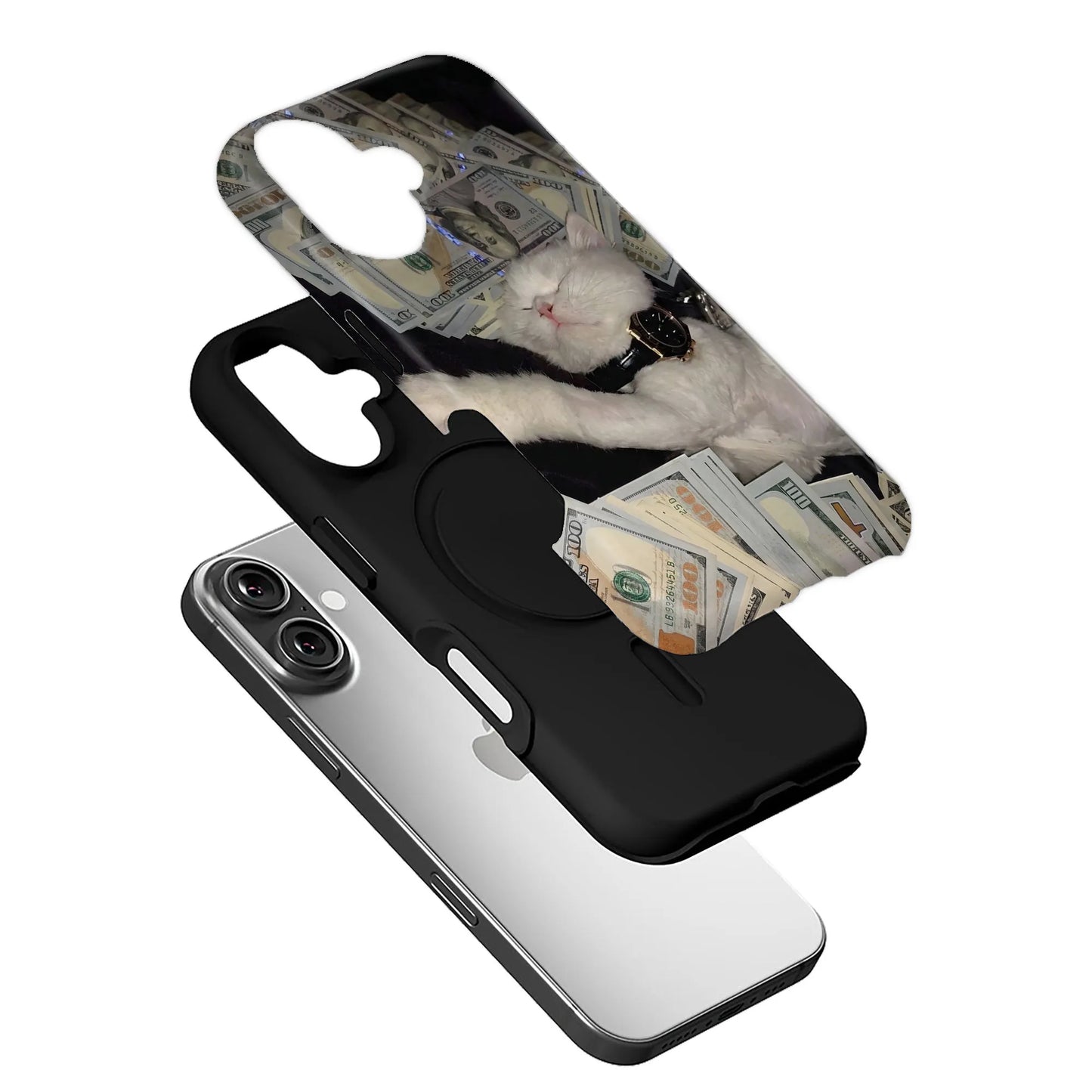 Black phone case with dollar bill cat print shown angled above smartphone