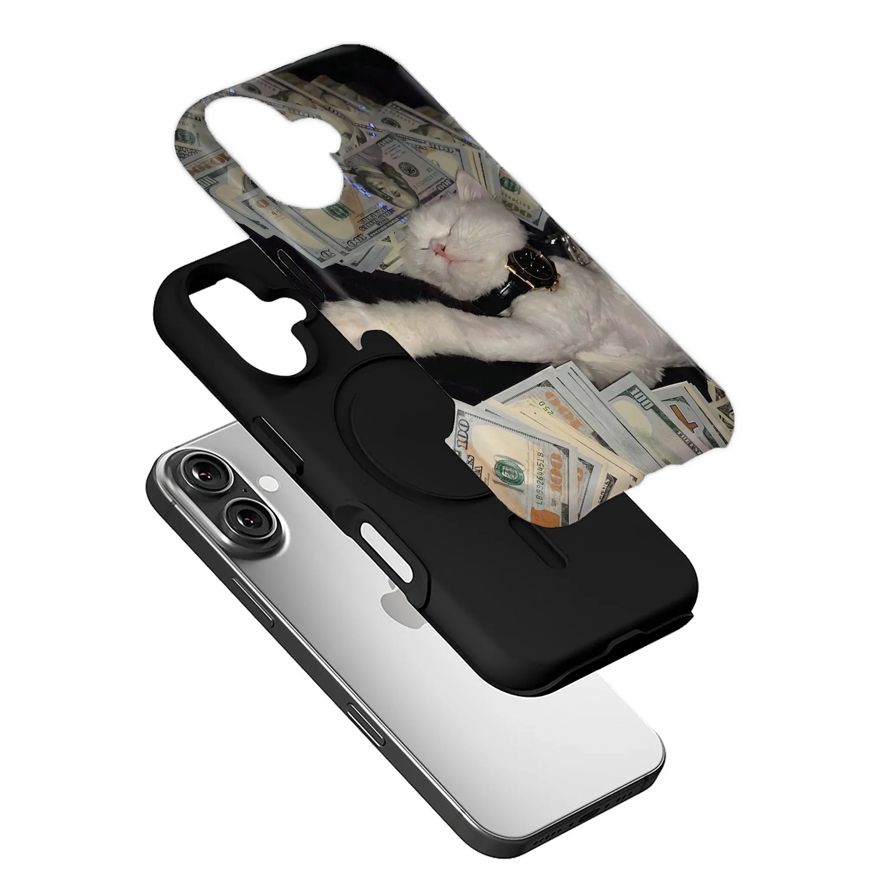 Black phone case with dollar bill cat print shown angled above smartphone