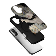 Black phone case with dollar bill cat print shown angled above smartphone