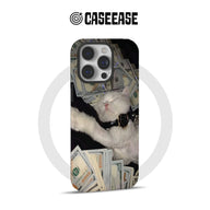Black phone case with white cat and cash print, rear product view