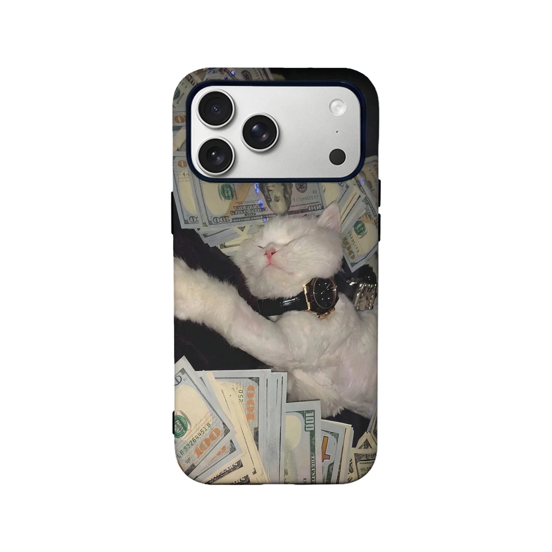 Rear view black phone case with white cat and cash collage design