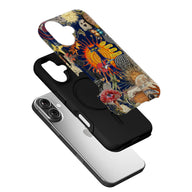 Colorful collage-style phone case with black liner, angled above smartphone