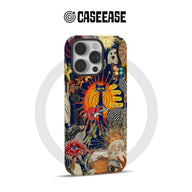 Colorful CASEEASE phone case with surreal collage artwork, rear product view