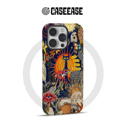 Colorful CASEEASE phone case with surreal collage artwork, rear product view