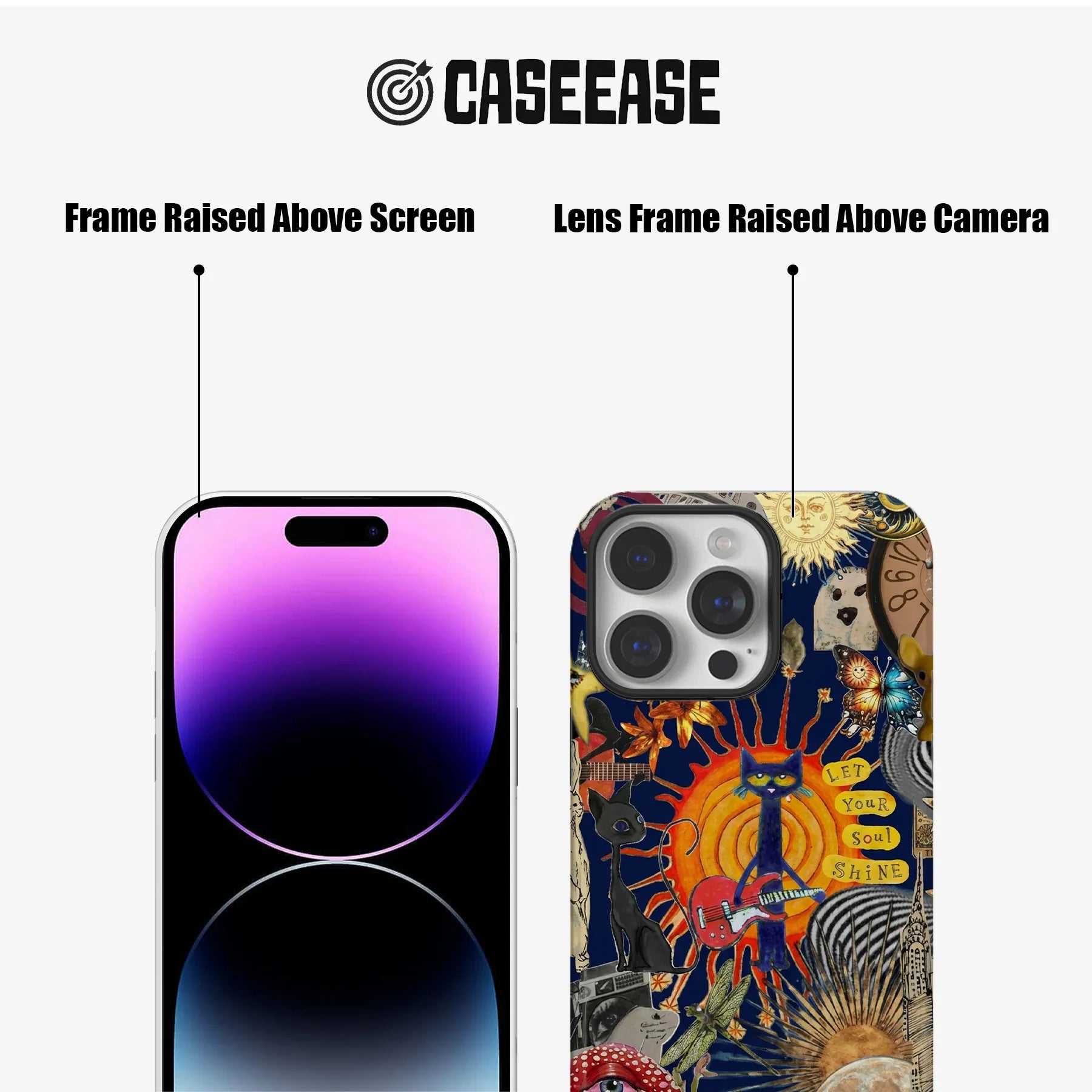 CASEEASE multicolor collage phone case close-up showing raised screen and camera frames