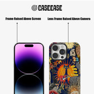 CASEEASE multicolor collage phone case close-up showing raised screen and camera frames