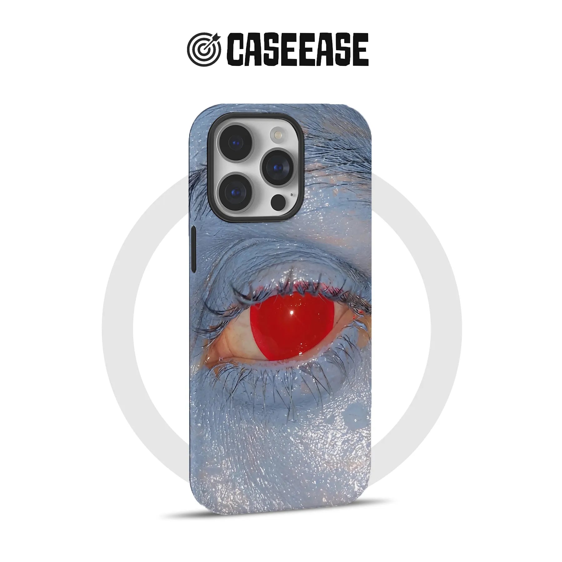 Blue surreal eye phone case with red pupil, rear product view