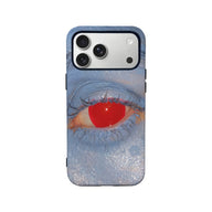 Blue surreal eye smartphone case with red iris, rear product view