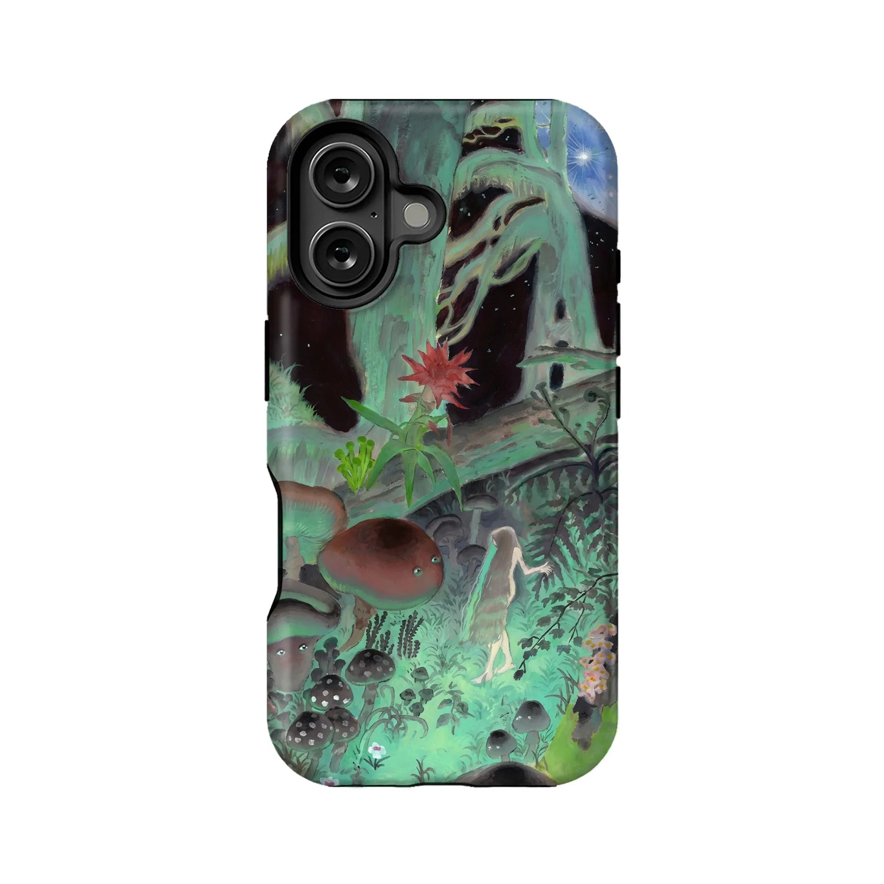Green fantasy forest phone case with illustrated mushrooms, figure, and rear camera view