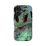 Green fantasy forest phone case with illustrated mushrooms, figure, and rear camera view