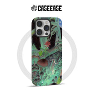 Green fantasy forest illustrated iPhone case, rear angle with camera cutout