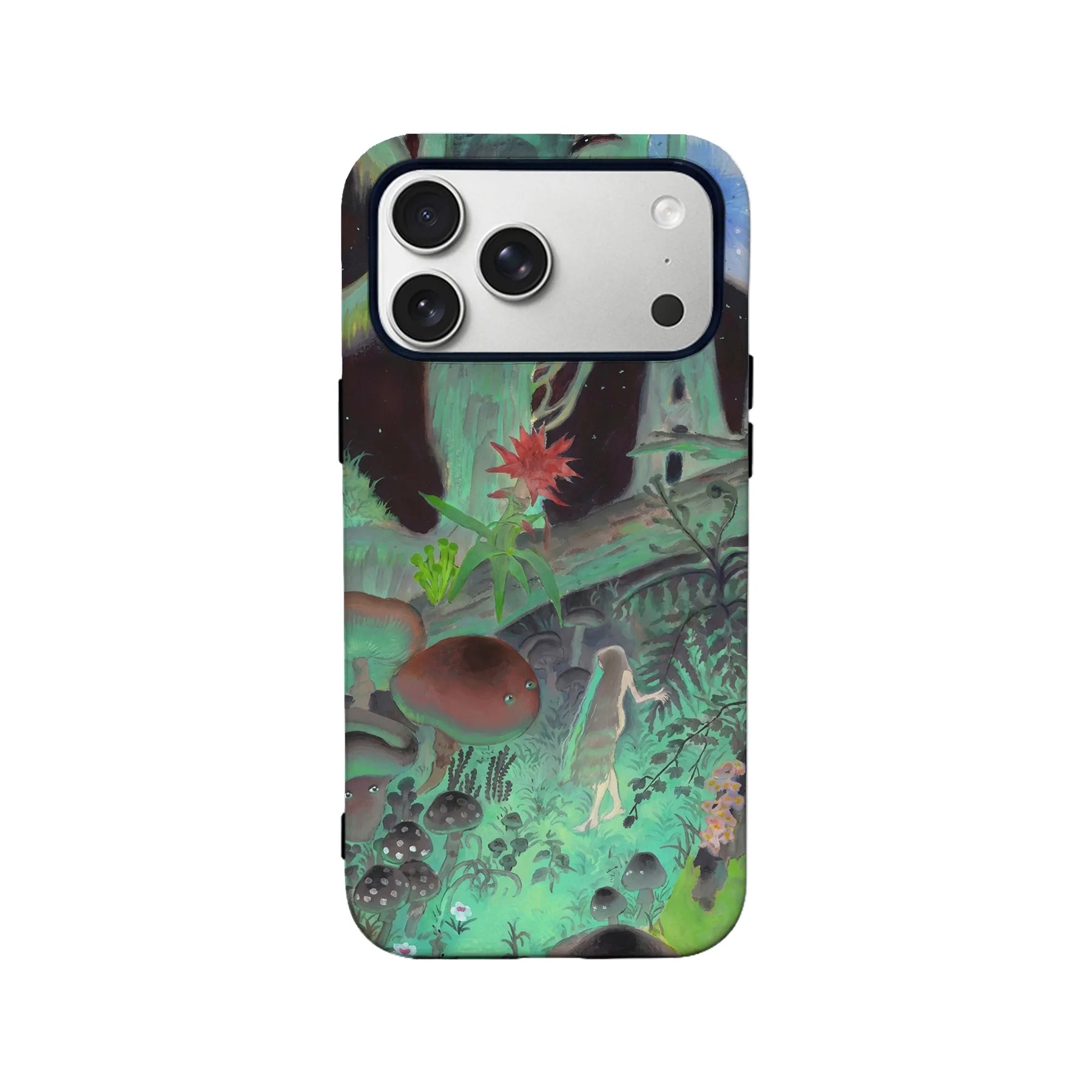 Green illustrated forest mushroom phone case shown from back with camera cutout