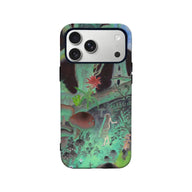Green illustrated forest mushroom phone case shown from back with camera cutout
