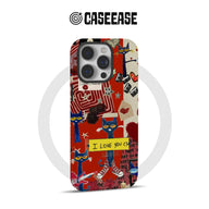 Red collage-style CASEEASE phone case with blue cats, rear product angle