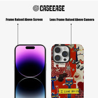CASEEASE red illustrated cat phone case front and rear views with raised camera frame