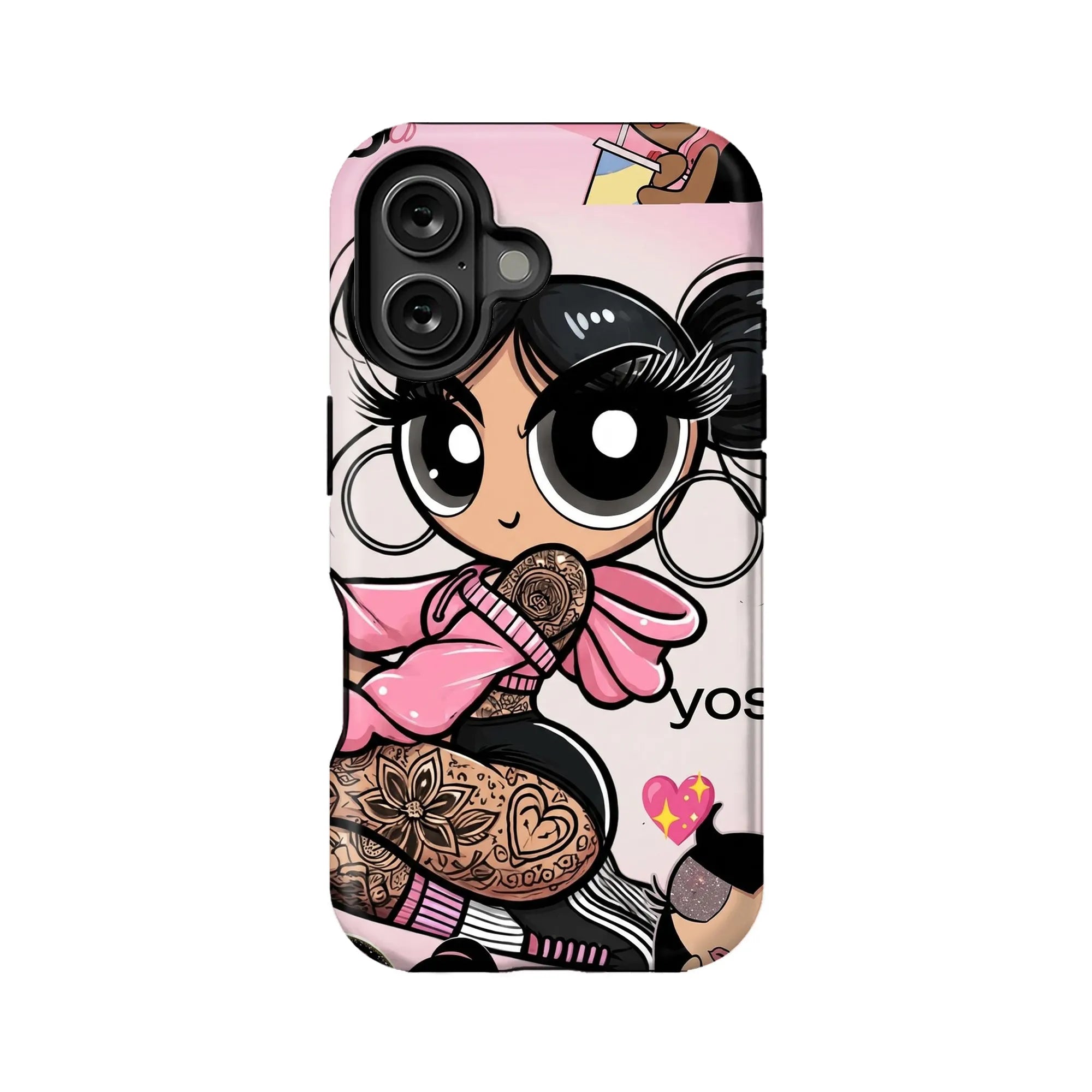 Pink cartoon doll phone case, back view with dual camera cutout, ecommerce product display