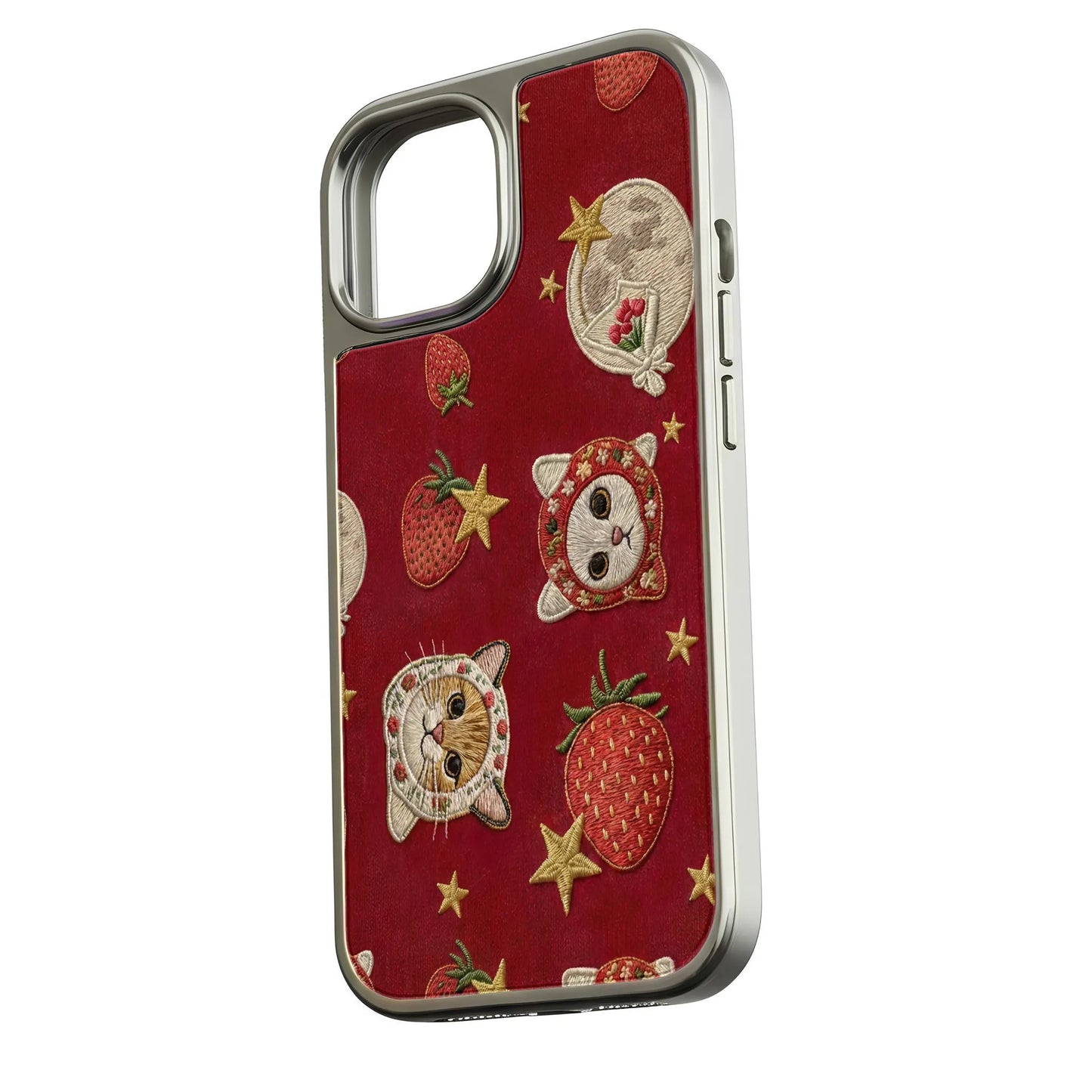 Embroidered Cats and Strawberries Phone Case - Cute and Colorful Design