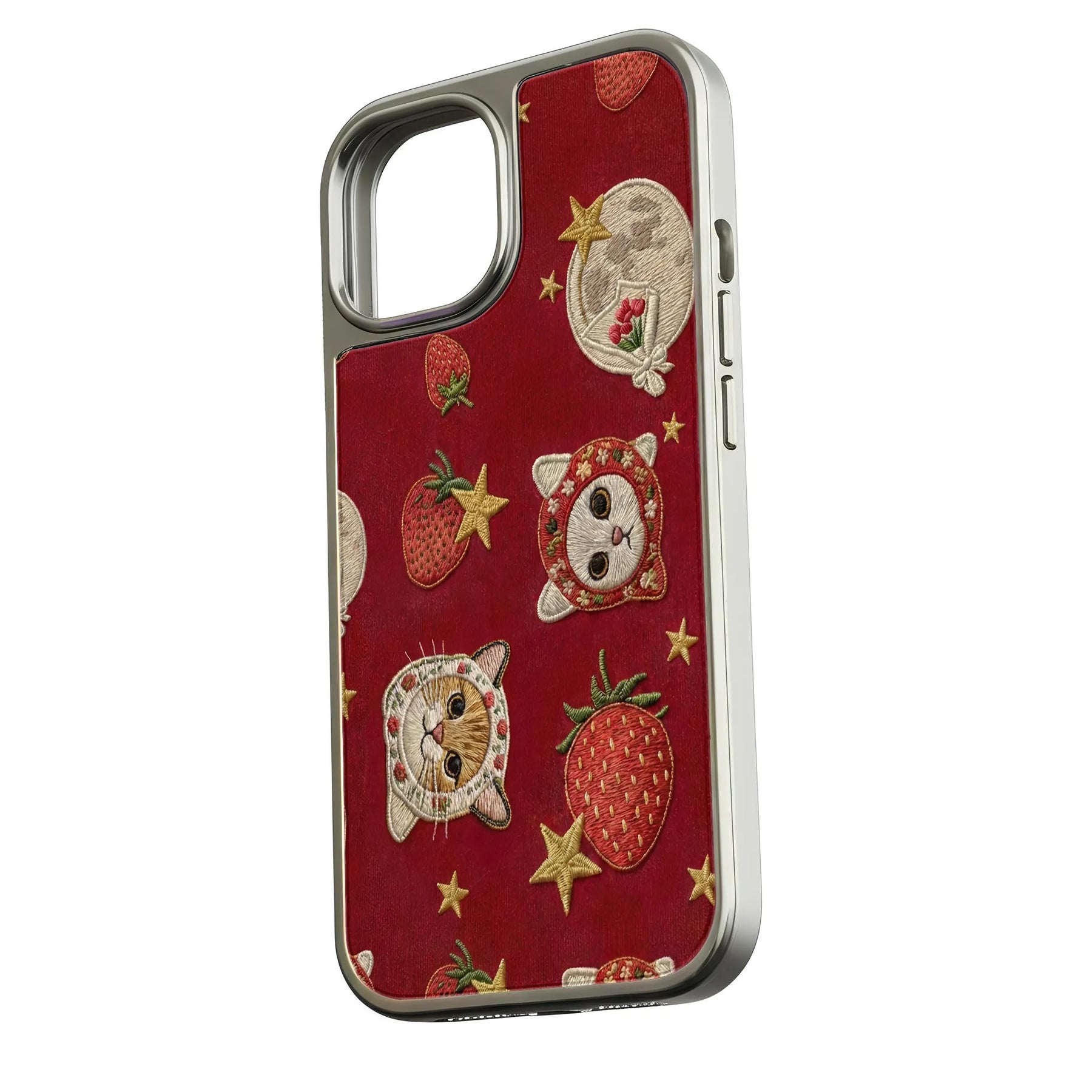 Embroidered Cats and Strawberries Phone Case - Cute and Colorful Design