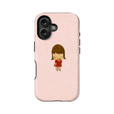 Pale pink phone case with cartoon girl design, rear product angle