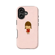 Pale pink phone case with cartoon girl design, rear product angle