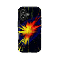 Black plastic phone case with yellow dot abstract pattern, rear angle with dual camera cutout