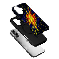Black phone case with colorful dotted pattern shown in exploded angled product view