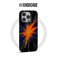 Black phone case with yellow red dotted starburst design, rear product angle